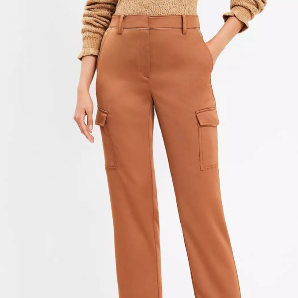LOFT High Waisted Silky Pumpernickel Satin Cropped Dressy Cargo Pants - Picture 10 of 10